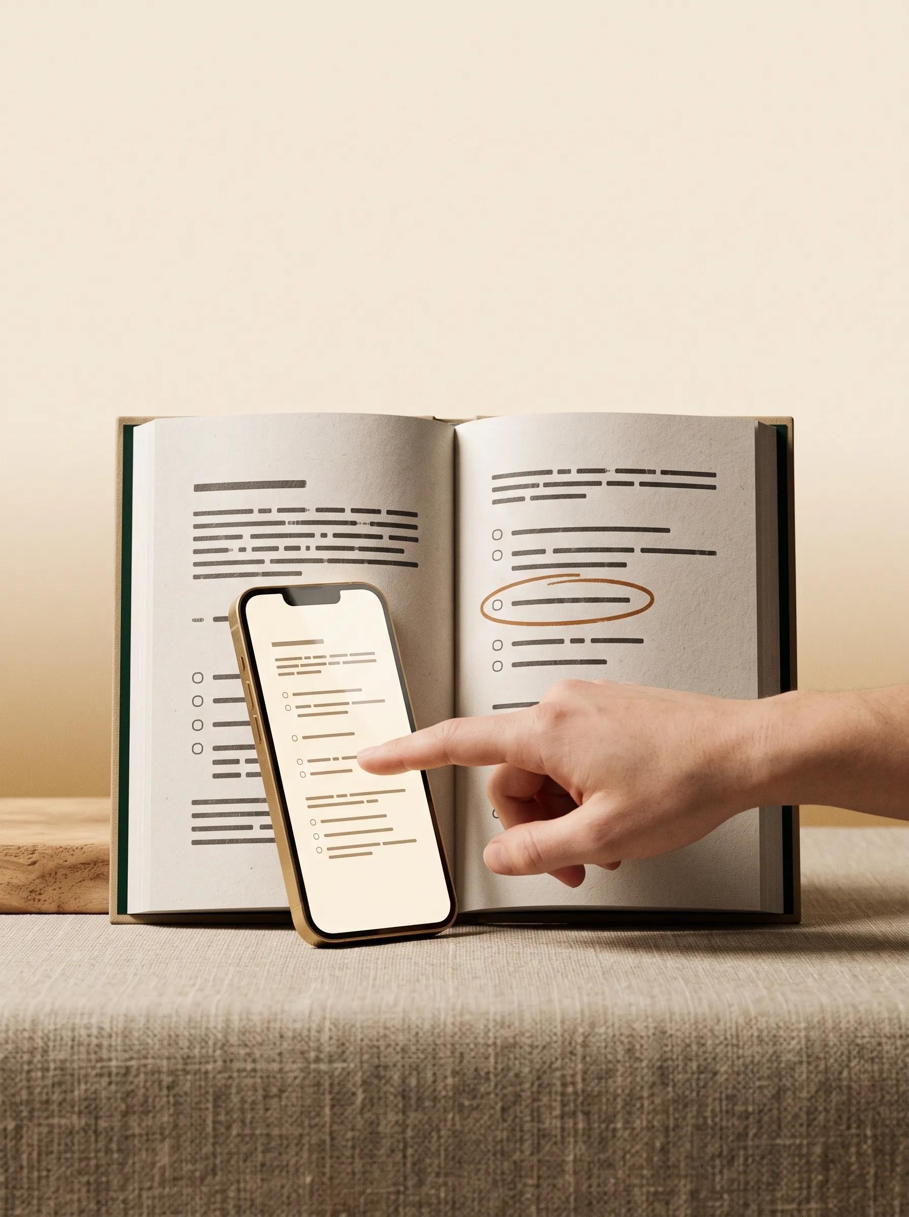 Раскрытый план и телефон рядом: палец ведёт по экрану, в книге обведён свой этап, рядом маркер