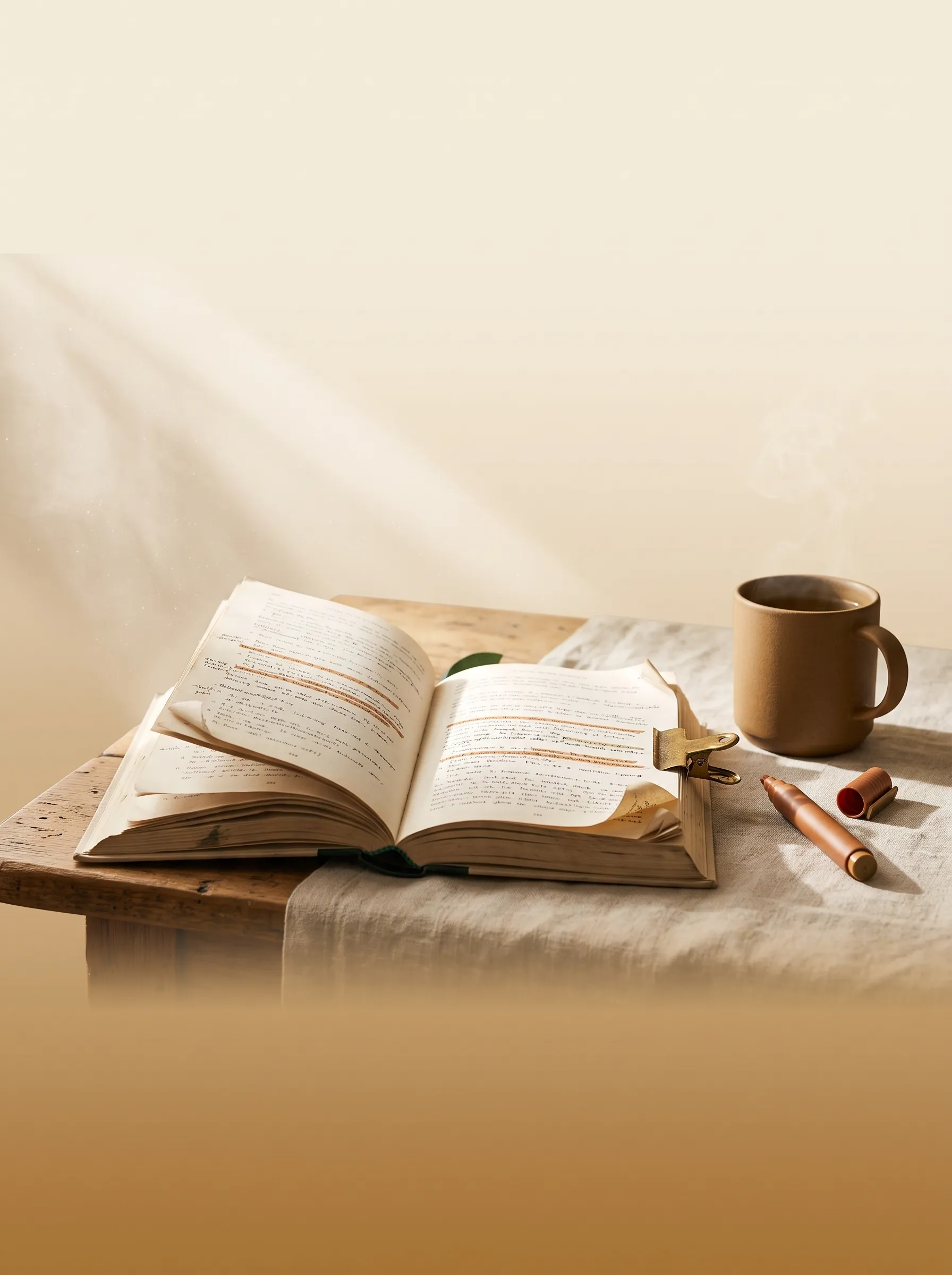 Раскрытая книга с пометками маркером на столе, рядом кружка и маркер