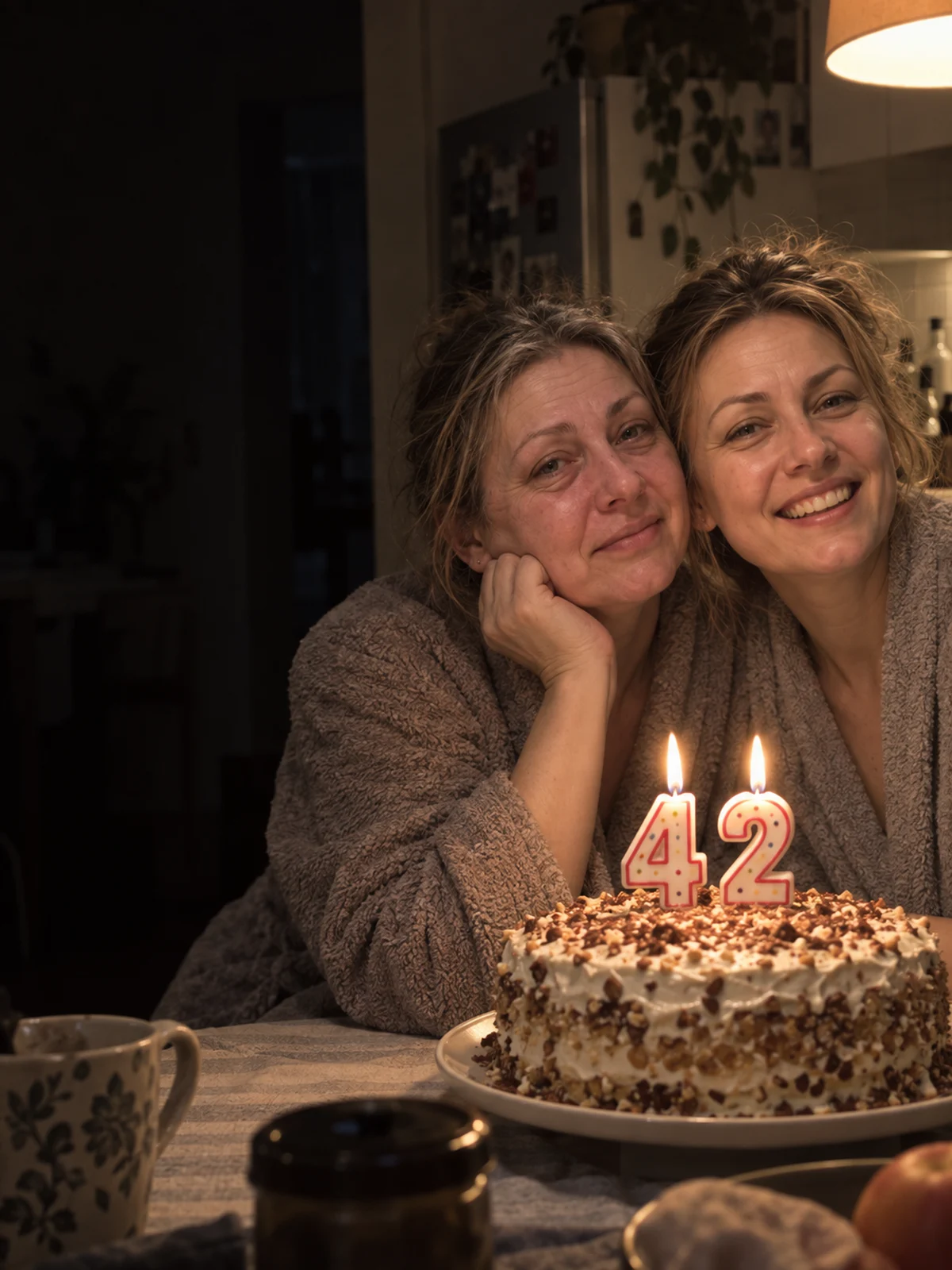 Одна и та же женщина 42 лет у торта со свечами 42: слева до курса, справа после