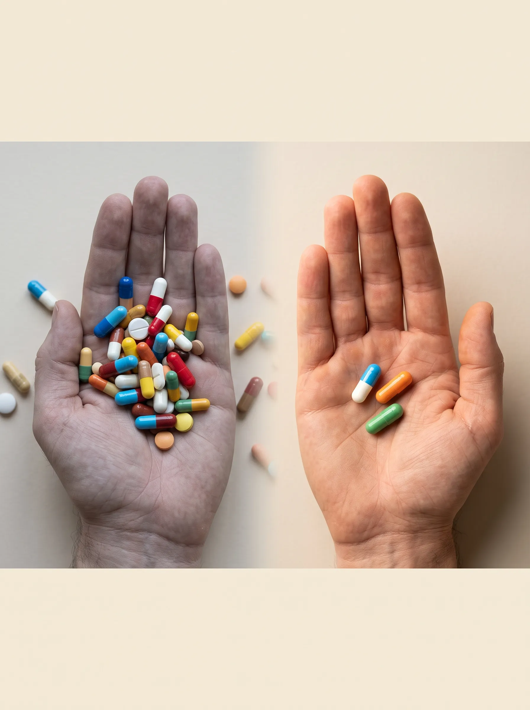 Две ладони: слева горсть таблеток вперемешку, справа три отобранные капсулы