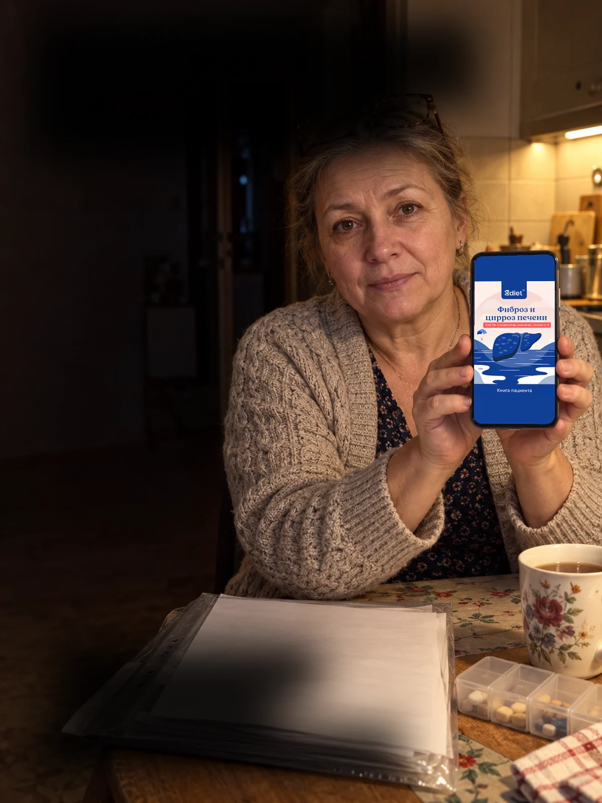 Женщина за кухонным столом показывает телефон: на экране обложка плана «Фиброз и цирроз печени»