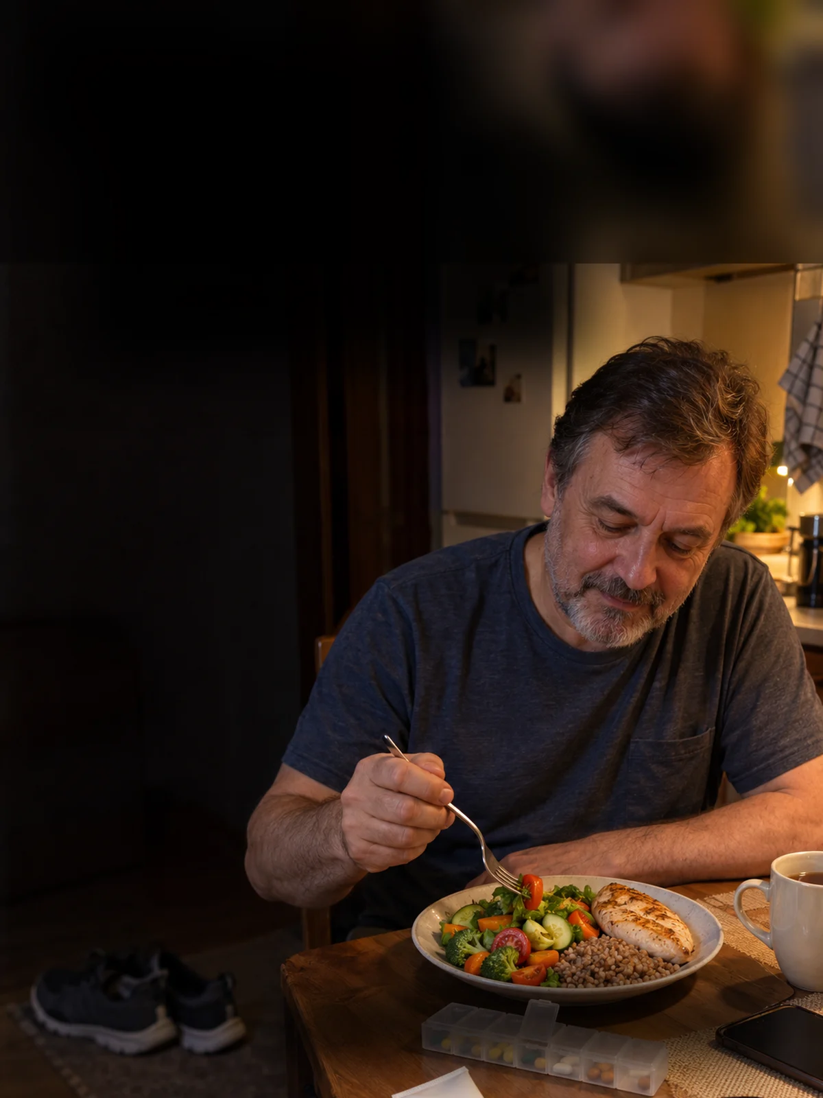 Тарелка: половина овощи, четверть курица, четверть гречка; рядом таблетница и обувь для ходьбы