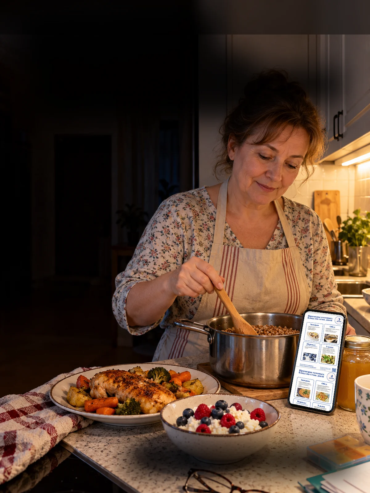 Гречка, запечённая курица и творог с ягодами, на телефоне меню из плана