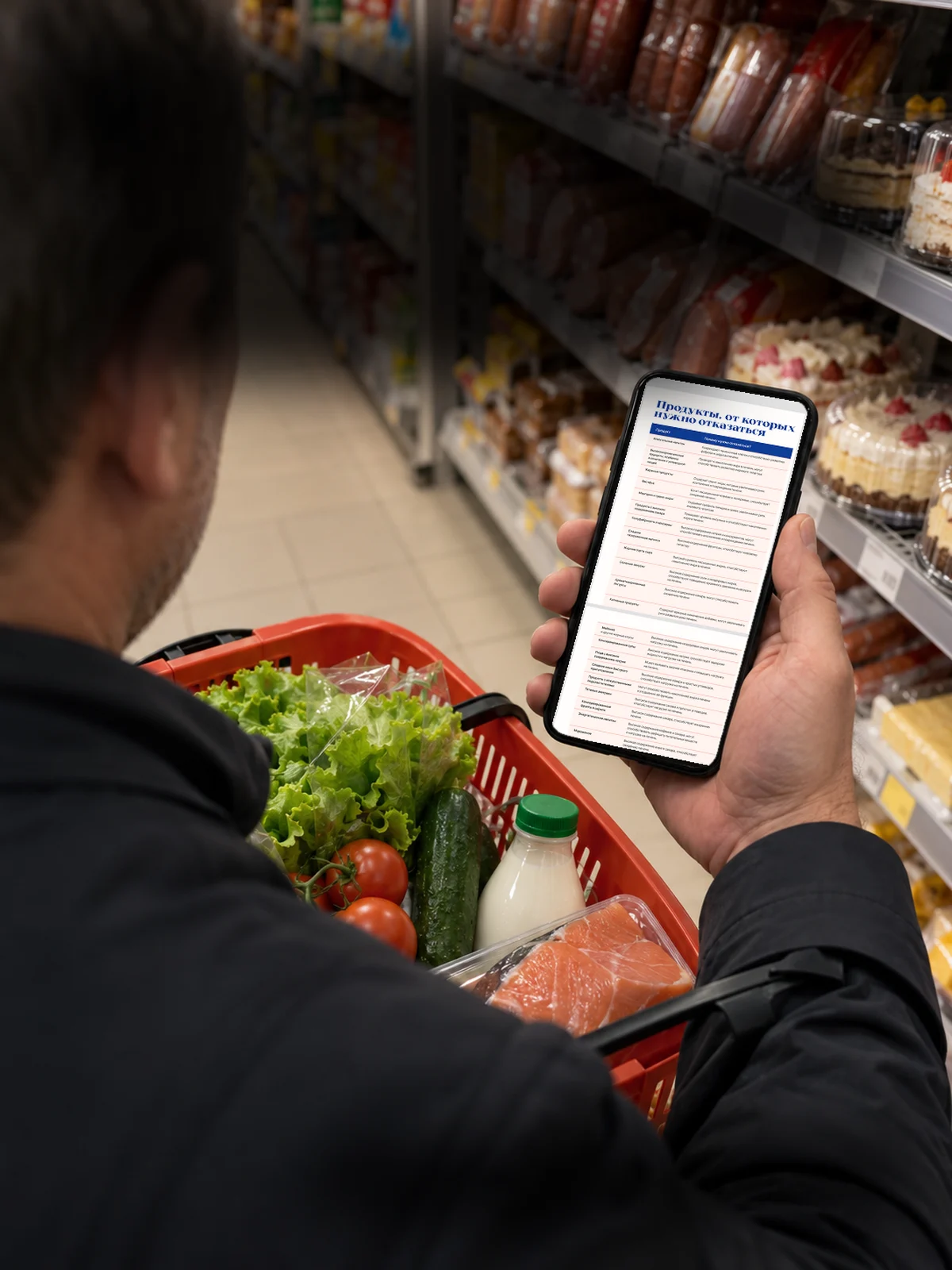 В магазине мужчина сверяет корзину со списком продуктов, от которых нужно отказаться